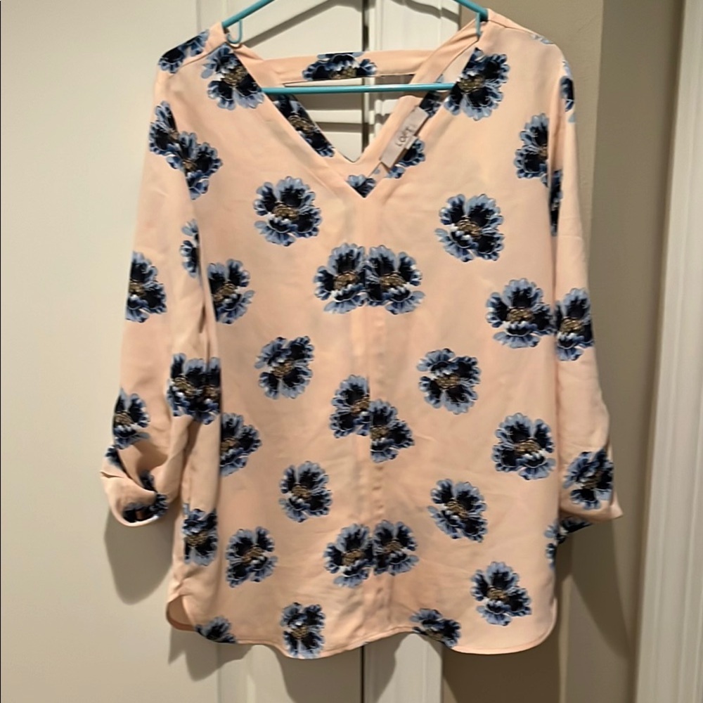 LOFT Floral V-Neck Blouse - Peach and Blue